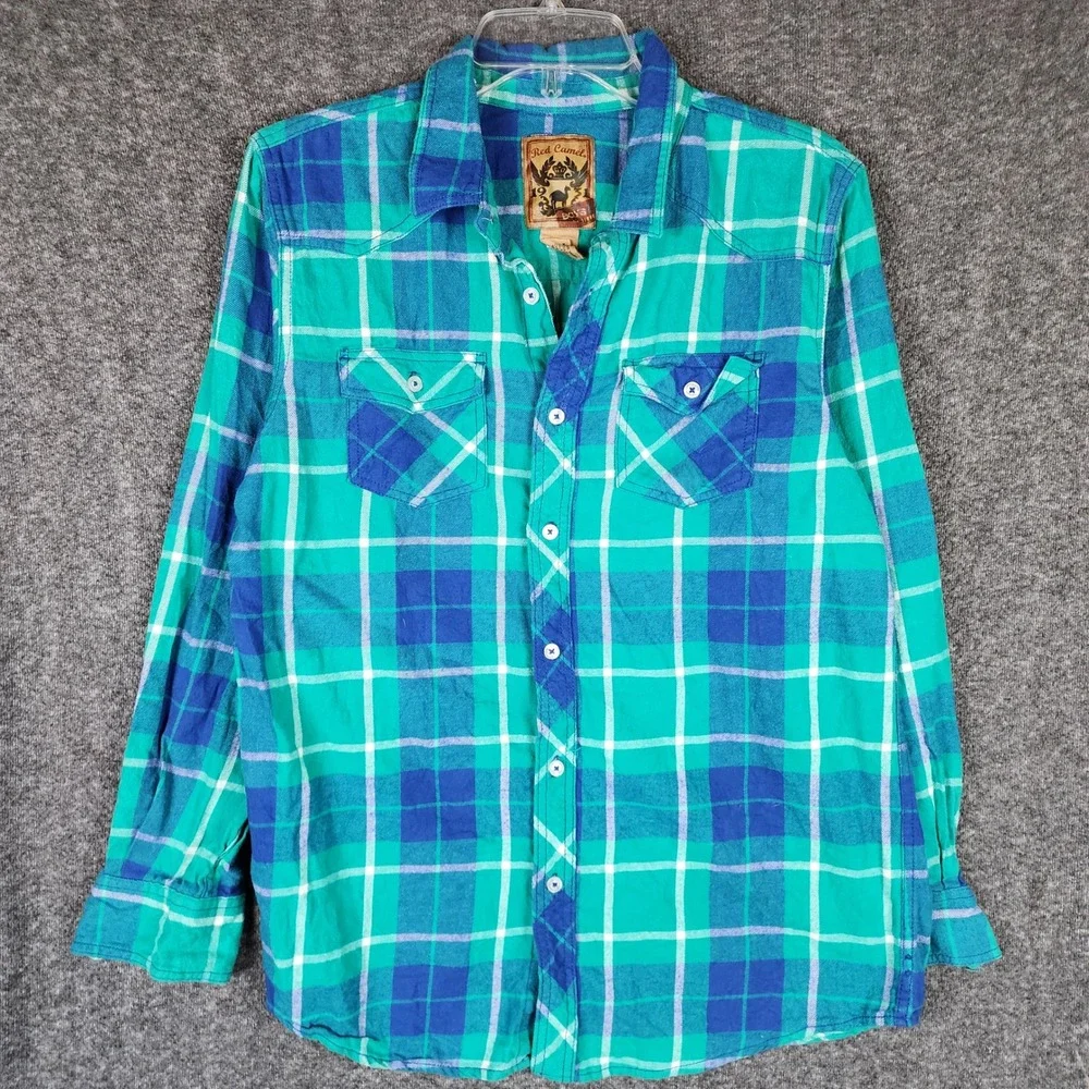 Red Camel Shirt Boys XL Plaid Teal Blue Western Button Down Long Sleeve EUC